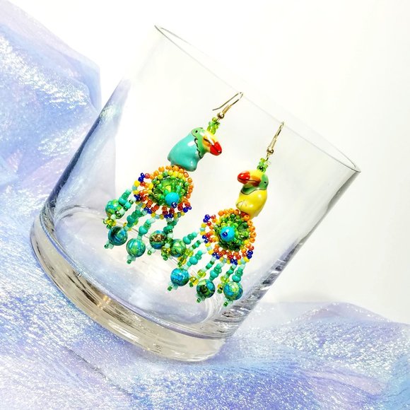 Whimsical Colorful Tropical Parrot Beaded Dangling Earrings, BOHO - Picture 2 of 6